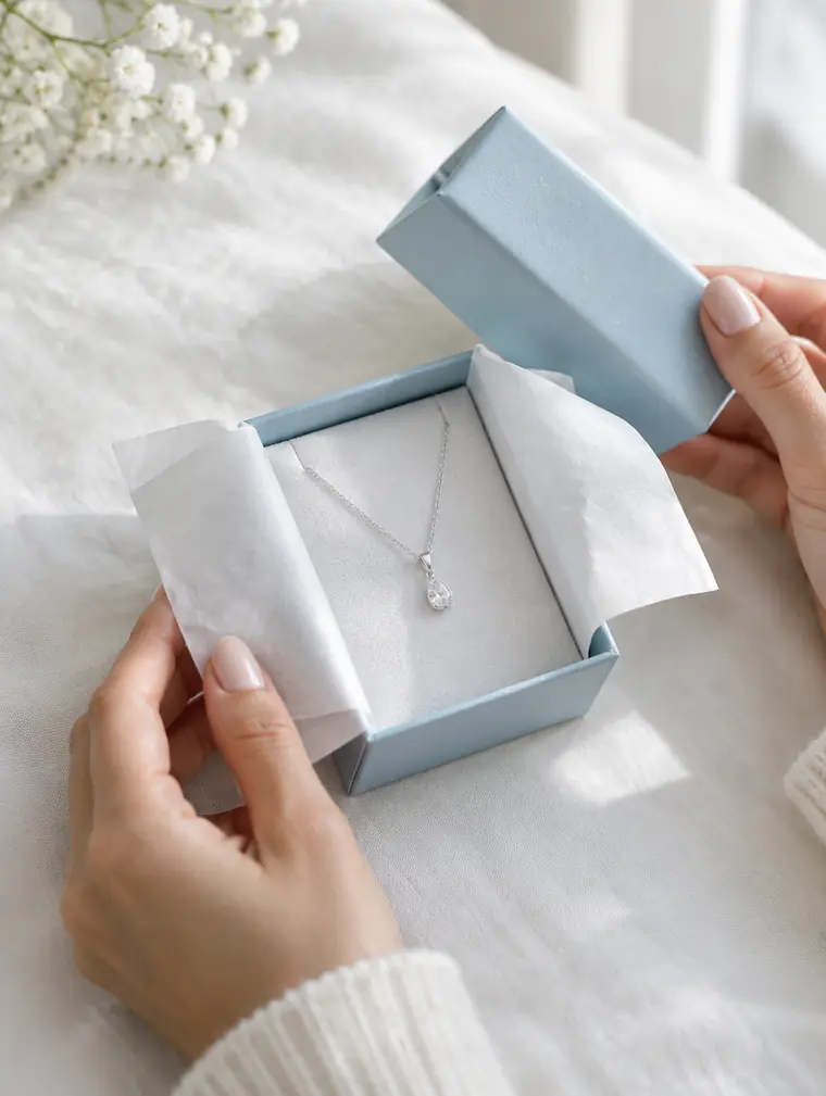 Hands unboxing a silver pendant from a pale blue gift box