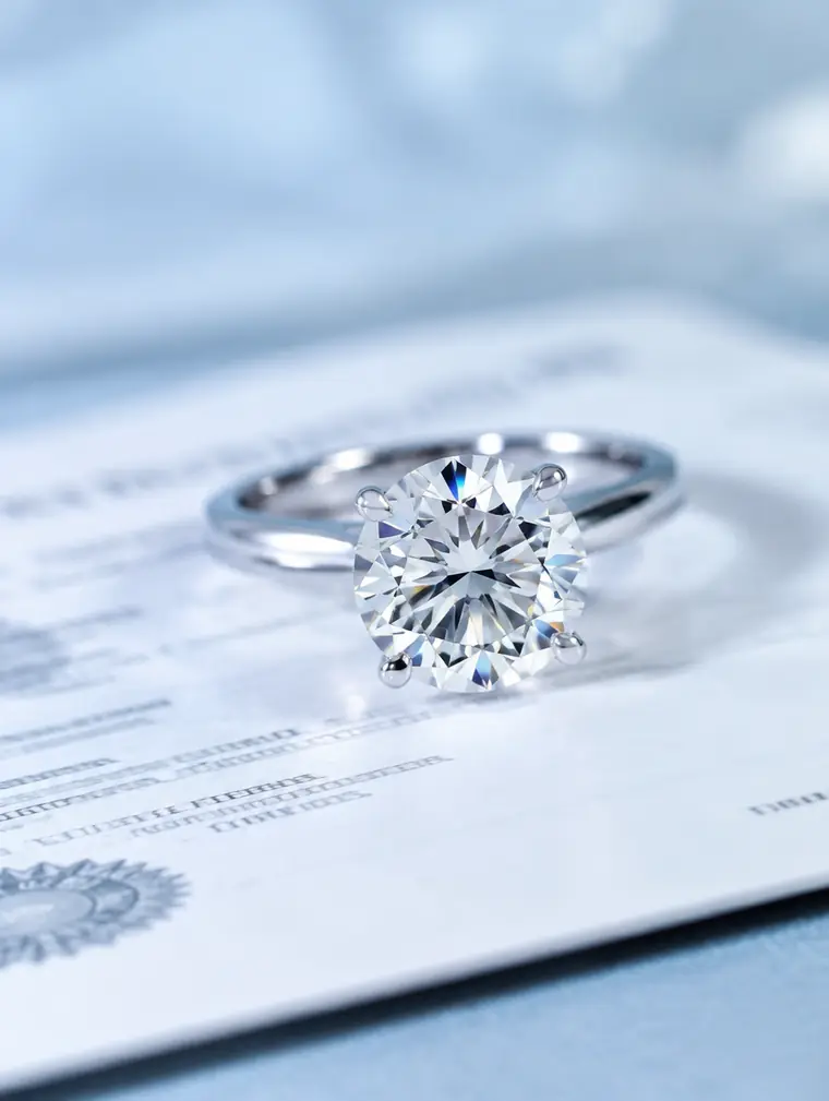 A lab-grown diamond solitaire resting on a grading certificate