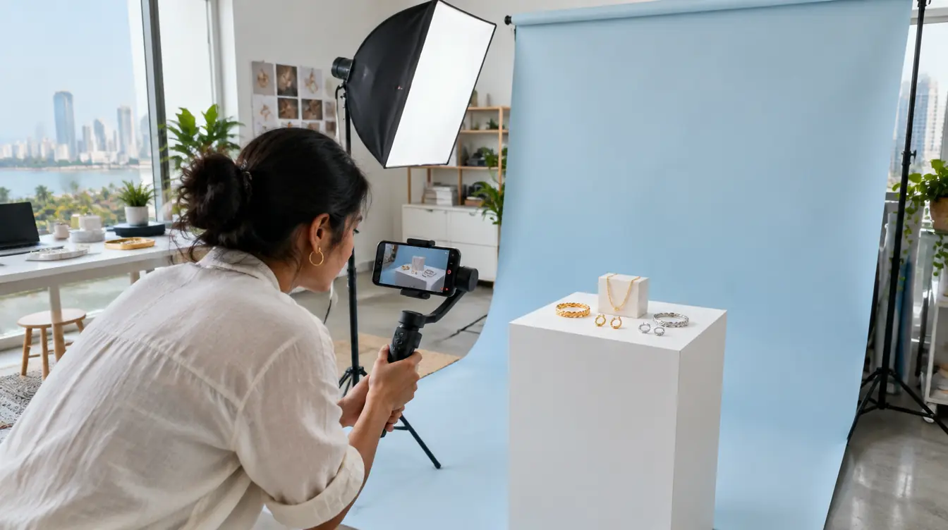 A creator filming jewellery on a plinth in a bright studio